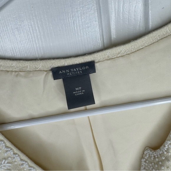 Ann Taylor Cream Button Down Cardigan Wool Cashmere Pearl Holiday Beaded Silk - Picture 2 of 6